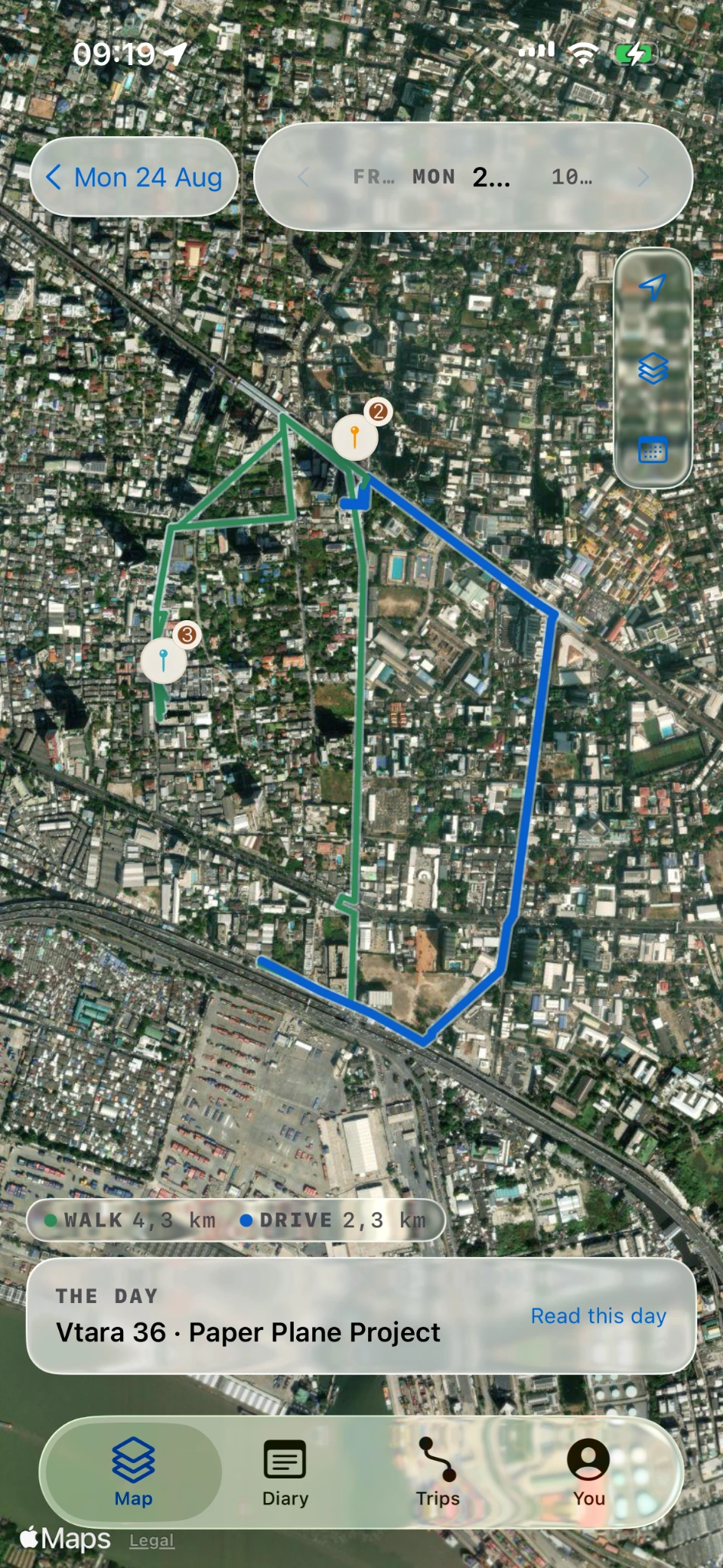 Journary day map showing route legs, place markers and a link to read the day