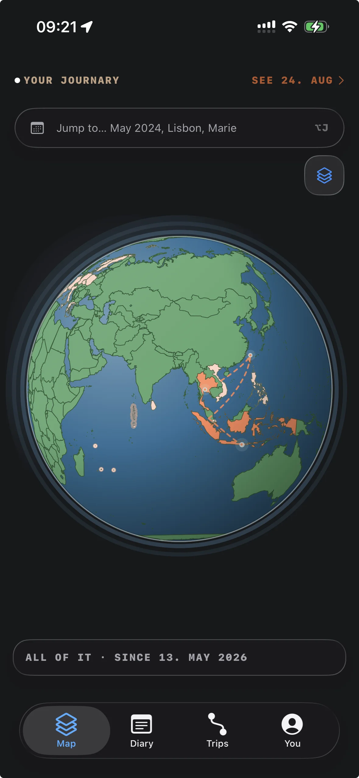 Journary map view showing a private history of routes across Asia and the Pacific