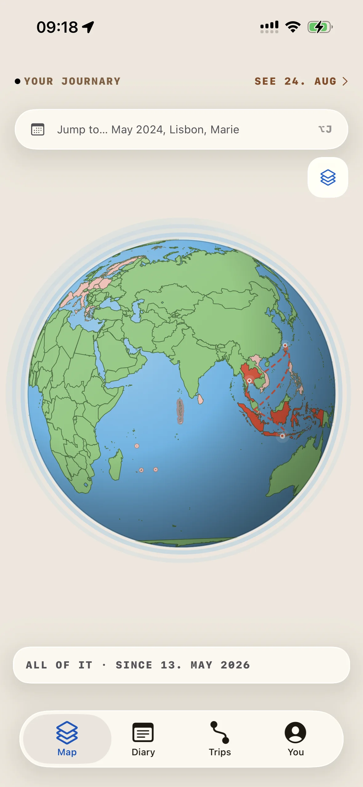 Journary world map showing a private personal travel history across countries