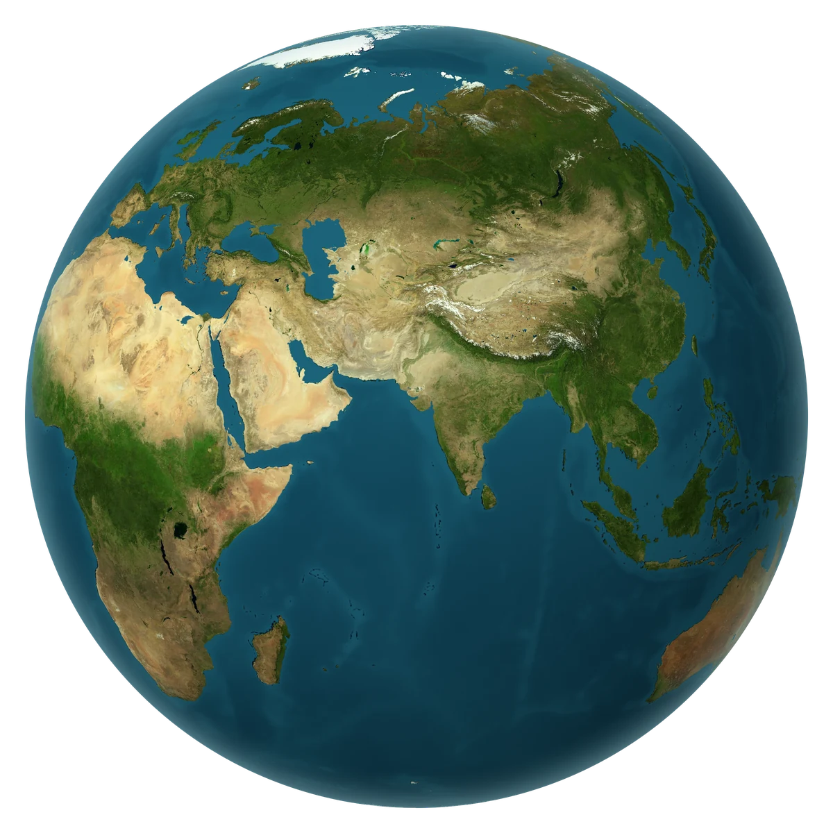 The Earth seen from space, turned to show Europe and Asia, with a route from Amsterdam to Bali